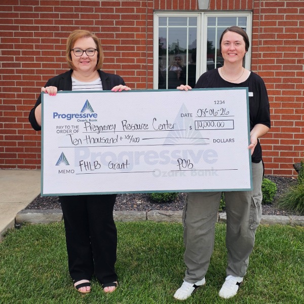 Pregnancy Resource Center receiving FHLB Impact Funds Check from Progressive Ozark Bank