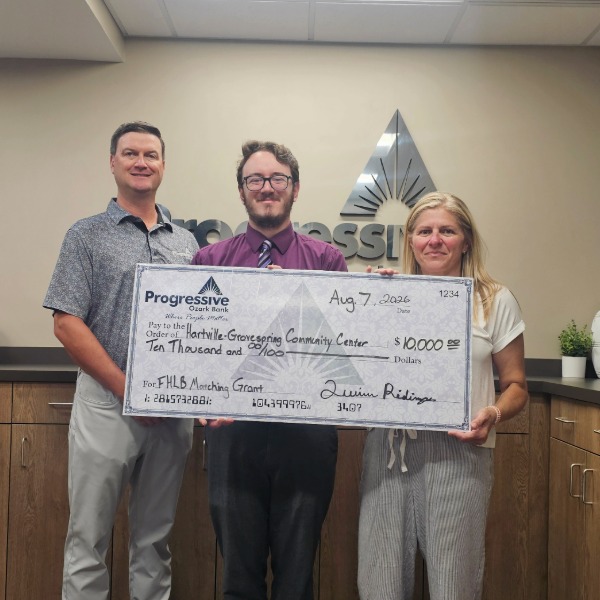 Hartville-Grovespring Community Center receiving FHLB Impact Funds Check from Progressive Ozark Bank