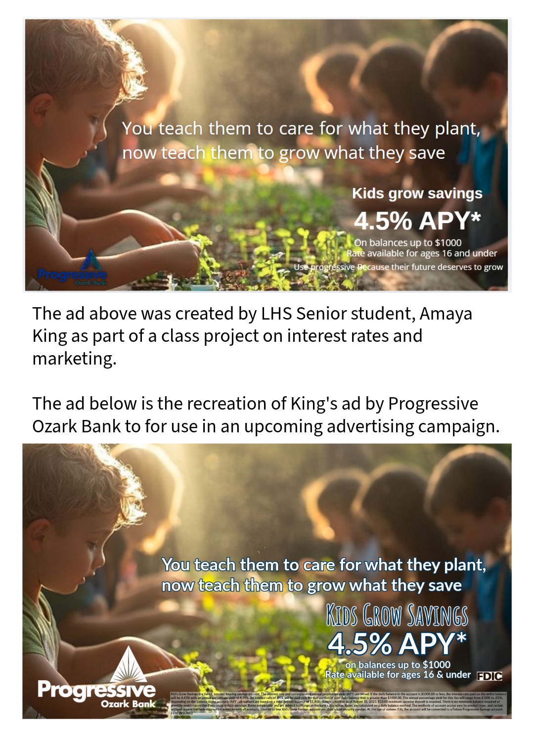 Ad created by Amaya King next to the final ad the bank will use in its advertising